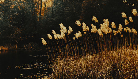 Golden Hour Tranquility Serene Reed Meadow by a Calm River at Sunset, Ideal for Nature Backgroundsの素材