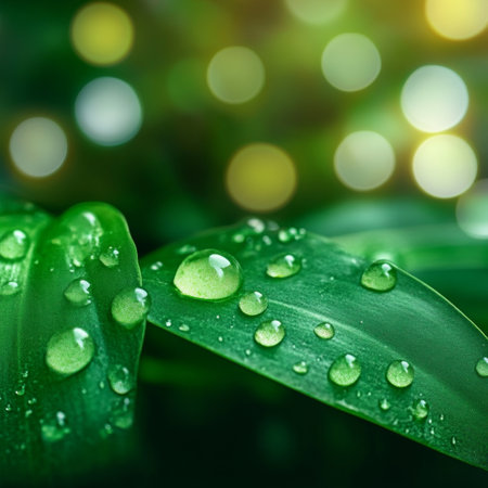 Fresh Green Leaves with Sparkling Water Drops. Close-Up, Nature Background, Macro Photographyの素材
