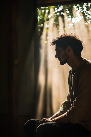 Lonely Mans Silhouette, Contemplation, and Mental Health Struggles in Natural Lightの素材