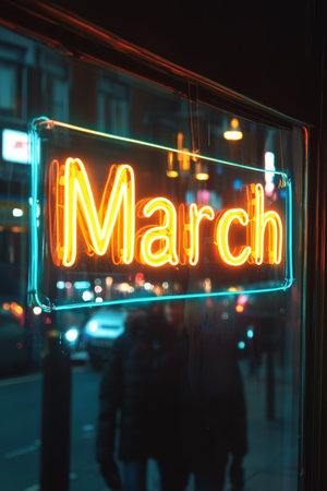 Neon Sign Featuring The Word March In Yellow And Orange Celebrating The Month In A Nighttime Settingの素材