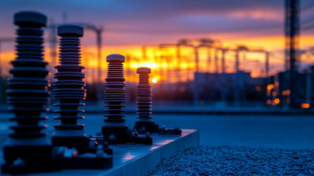 Electrical Substation at Sunset Switchgear, Transmission Towers, and the Energy Gridの素材