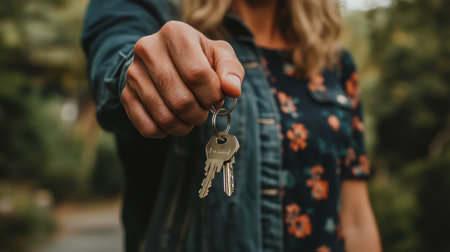 New Homeowner Holds Keys, Celebrating Real Estate Purchase, Close Up on Keys and Handsの素材