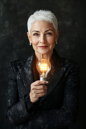 Confident Senior Businesswoman Holds Light Bulb, Illuminating New Ideas and Possibilitiesの素材