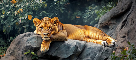 Lioness Resting On A Rock, Relaxation In A Majestic Animal Portrait With Lush. Peacefulの素材