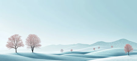 Minimalist Winter Wonderland Trees on Snowy Hills, Creating a Serene Panoramic Landscapeの素材