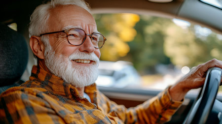Smiling Senior Man Enjoying a Scenic Drive in His Car, Freedom and Retirement Concept.の素材