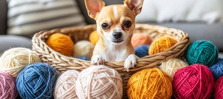 Playful Chihuahua Puppy Nestled in Wicker Basket Overflowing with Colorful Yarn Balls, Natural Lightの素材