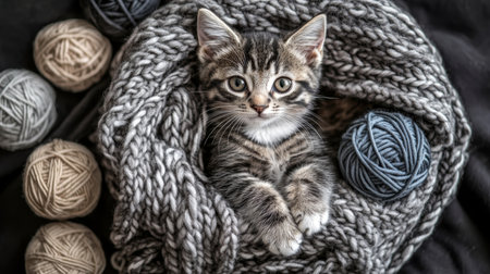 Cozy Kitten Napping in Chunky Knit Blanket, Surrounded by Yarn Balls, Perfect for Crafting Projectsの素材