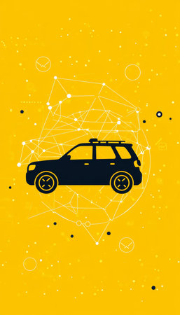 Ride Hailing, Digital Taxi Abstract with Connected Dots, Lines, Triangles on Yellow Backgroundの素材