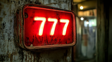 Lucky Number 777, Neon Sign on a Rusty, Grunge Wall, Concept of Fortune and Success in Gamblingの素材