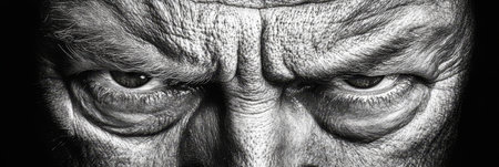 Close Up Portrait Of A Senior Man With Intense Gaze, Wrinkles, And Experience Etched On His Faceの素材