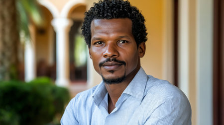 Portrait of a Confident Black Man, Conveying Success Through Direct Eye Contact and Powerful Poseの素材