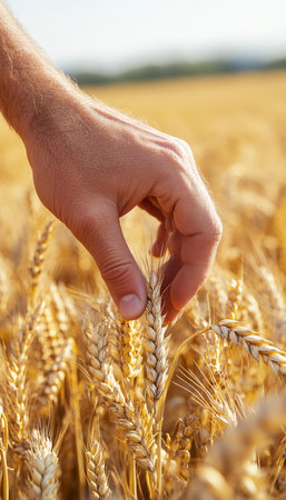 Golden Hour Harvest Close-up of a Male Farmers Hand Gently Touching a Wheat Stalk in a Fieldの素材