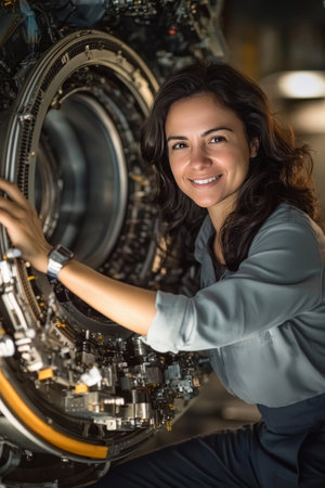 Confident Female Engineer Inspects Components of an Aircraft Engine, Aviation Industry Expertiseの素材