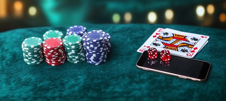 Online Casino Gambling Still Life With Equipment, Smartphone, Poker Cards, And Chipsの素材