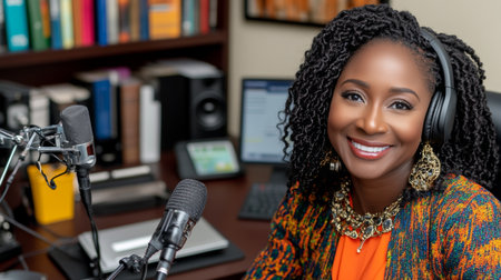 Smiling Professional Woman with Headphones Participating in Online Training Webinar from Home Officeの素材