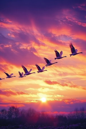 Flock of Geese in Dramatic V-Formation Soaring Across a Vibrant Sunset Sky With Golden Lightの素材