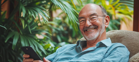 Smiling Senior Man Using Smartphone Amidst Greenery, Enjoying Relaxation and Technology at Homeの素材
