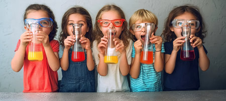 Five Young Scientists Conduct a Colorful Chemistry Experiment in a Laboratory Settingの素材