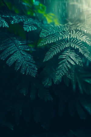 Close-Up of Lush Green Ferns, Botanical Background, Tranquil Tropical Rainforest Environmentの素材