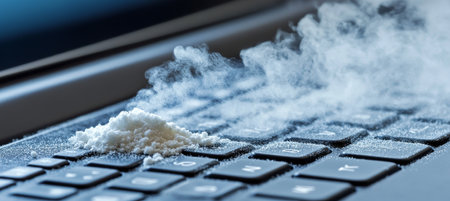 Close-Up of a Dusty Laptop Keyboard Covered in White Powder, Representing Digital Dangersの素材