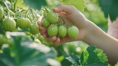 A Summer Days Bounty. A childs hand gently gathers a cluster of vibrant green gooseberries.の素材