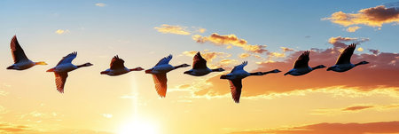 Silhouetted flock of geese flying in a V-formation against a vibrant sunset background.の素材
