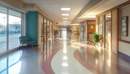 Empty Hospital Hallway with Gleaming Floors and Sunlight Streaming Through the Windows.の素材