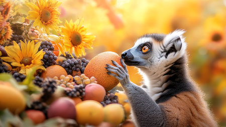 Curious Ring-Tailed Lemur Investigates Bounty of Exotic Fruits Amidst Autumn Sunflower Bloom.の素材