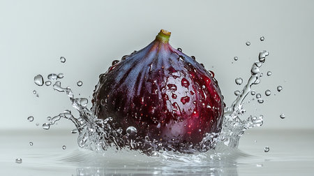 Ripe, Juicy Purple Fig Making a Splash in Water, Isolated on a Clean White Backgroundの素材