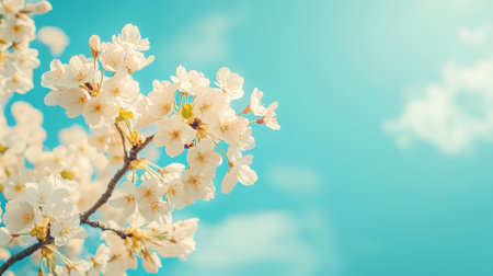 Springtime Blossoms, Cherry Tree in Bloom, Delicate White Flowers, Blue Sky Backgroundの素材