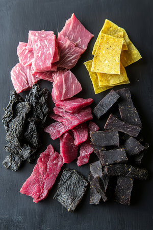 Assortment of Dehydrated Meat Jerky, Variety of Colors, Flavors, and Textures on Dark Backgroundの素材