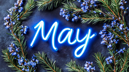 Neon Sign May on Dark Background with Blue Flowers, Celebrating Spring Blooming Seasonの素材