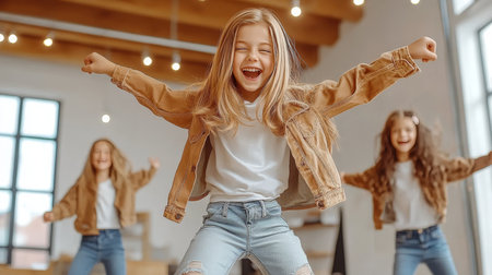 Group of happy stylish children joyfully jumping during dance choreography class with their team.の素材