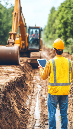 Construction Engineer Using Tablet For Pipeline Inspection, Modern Construction Technology On Siteの素材