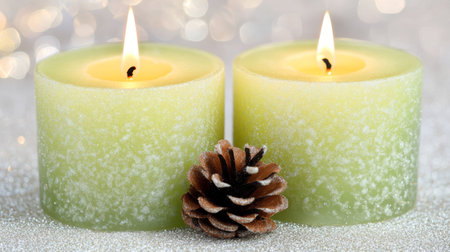 Green Scented Candles, Festive Decor and the Warm Glow of Christmas Lights Backgroundの素材