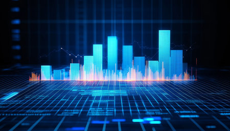 Abstract Financial Chart With Glowing Bars On Dark Blue Digital Background, Analytics Conceptの素材