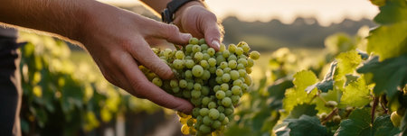 Golden Hour Harvest Close-Up of Hands Selecting Ripe, Fresh Grapes in a Sunlit Vineyardの素材