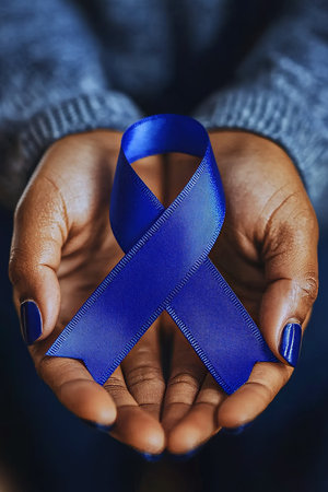 Close up of hands holding blue ribbon, colon cancer prevention, world arthritis day concept.の素材