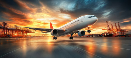 Sunset Over Container Port with Passenger Airplane Taking Off, International Transportation Hub.の素材