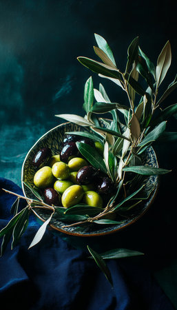 Olive Branch Bounty Bowl of Green, Black, and Kalamata Olives on Moody Blue Backgroundの素材