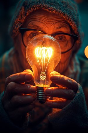 Wisdom Illuminates the Way Senior Woman With Glowing Light Bulb, Embracing Innovationの素材