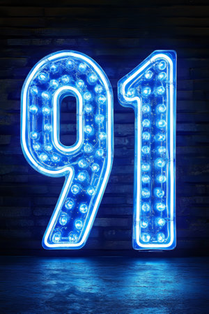 Blue Neon Number 91 On A Dark Brick Wall Background With A Wet Floor Reflecting The Glowの素材