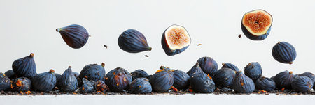 Falling Figs A Collection of Ripe, Purple Figs Scattered and Whole on a White Backgroundの素材