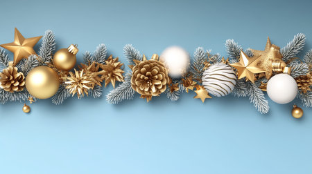 Christmas Border, Fir Branches with Golden and White Ornaments on a Blue Background, Copy Spaceの素材