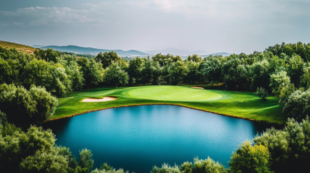Scenic Golf Course with Lush Green Fairway, Water Hazard, and Picturesque Forest Landscapeの素材