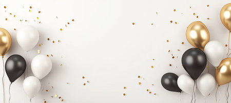 Black  Gold Balloons And Confetti Isolated Light-Colored Wall, Birthday Festive Web Bannerの素材