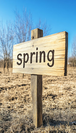 Wooden Sign Announces Springs Arrival, Set Against a Vibrant Blue Sky and a Serene Landscape.の素材