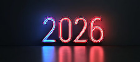 Neon Sign Displaying the Year 2026 in Blue and Red on a Dark Background with Reflectionの素材