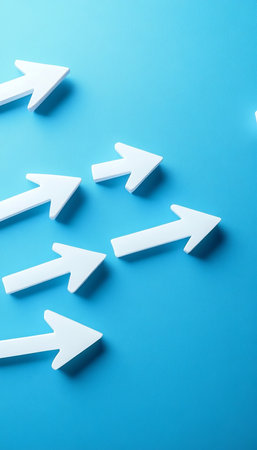 White Arrows Pointing Different Directions on a Blue Background, Concept of Choice and Leadership.の素材